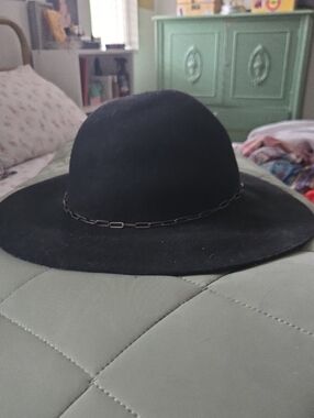 Christian Siriano Black Wide-Brim Felt Hat with Chain Trim